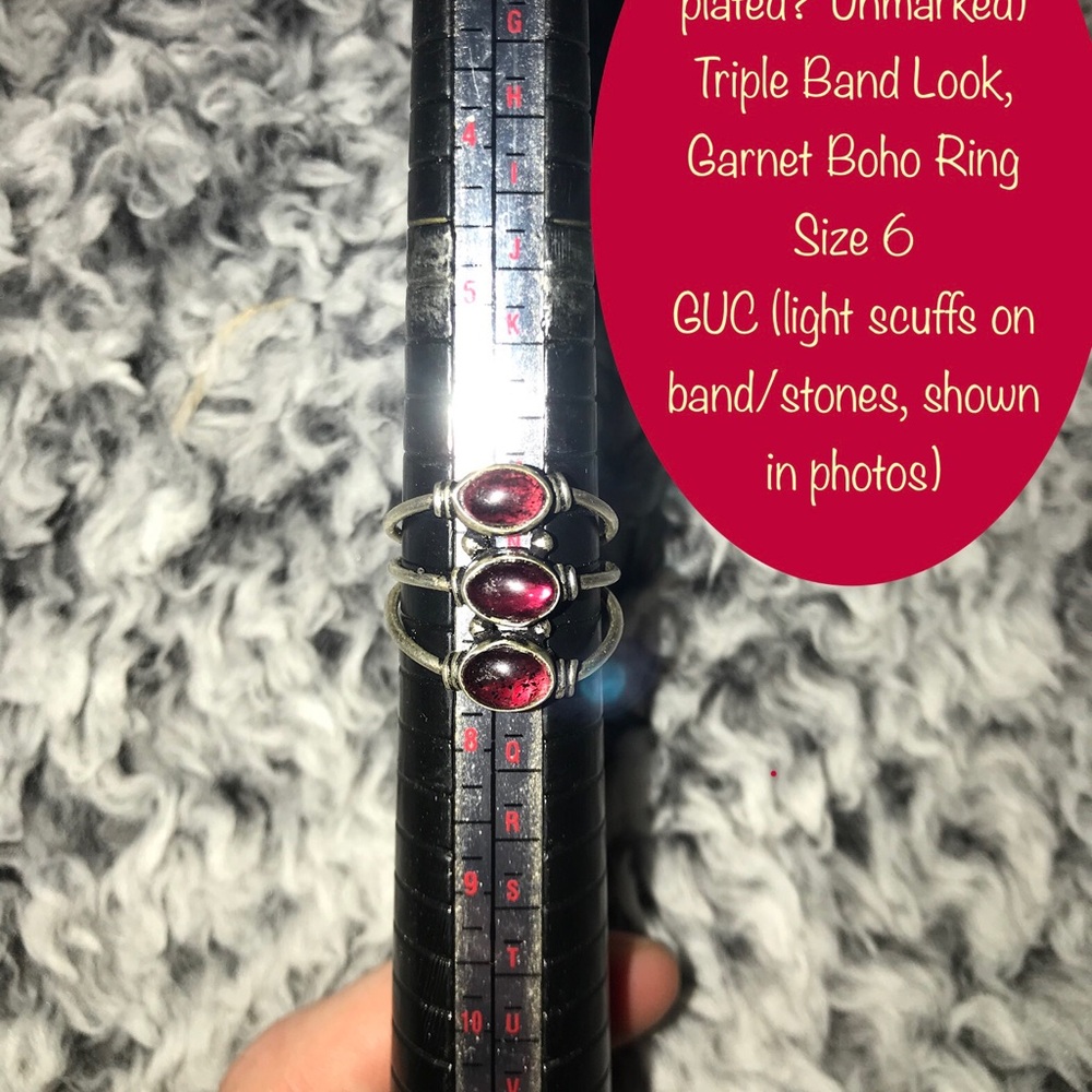 Ladies Size 6 Silver Tone, Triple Band Look, Garnet color stone,Boho/Hippy Ring